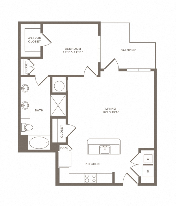 Floor plan for 1 bed, 1 bath, 937 sqft